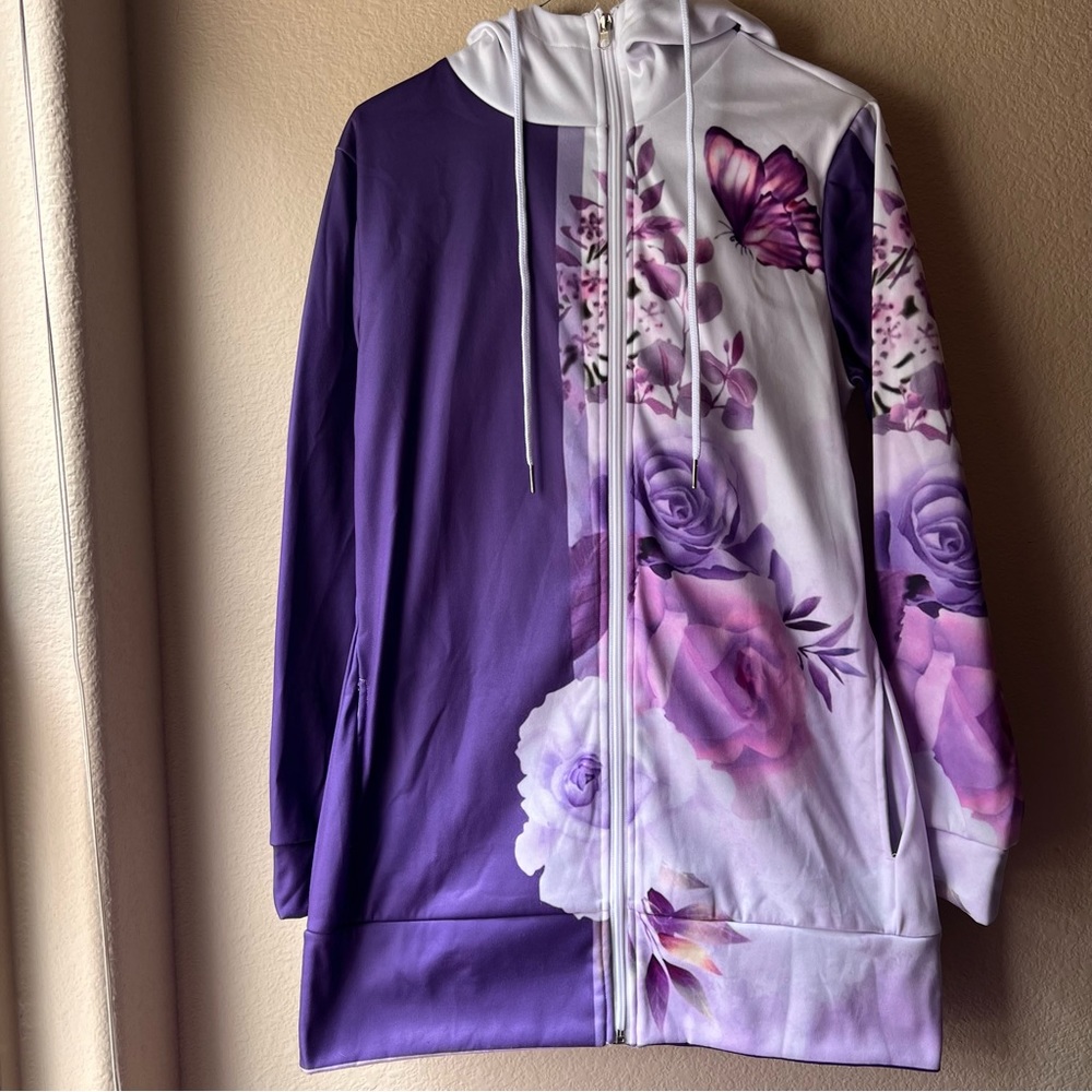 Purple Butterfly and Floral Long Zip Hoodie Size L